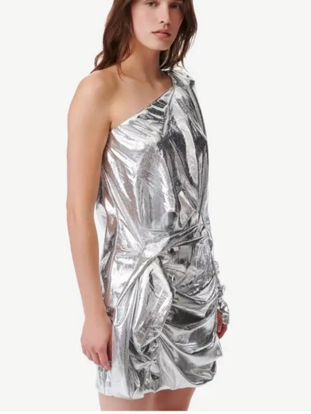 IRO Paris Samuel Metallic Silver Silk Blend One Shoulder Party Dress Size Medium